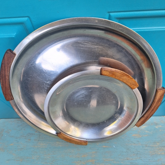 Vintage Stainless Steel Tray Teak Wood Handles MCM Metal Platter Modern Display - Picture 10 of 15